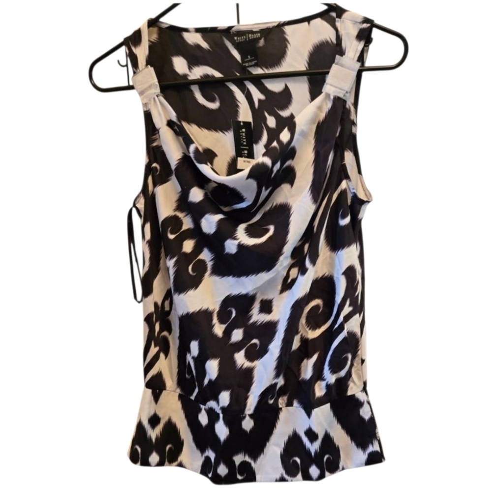 White House Black Market Abstract Black and White Sleeveless Blouse Semi Sheer